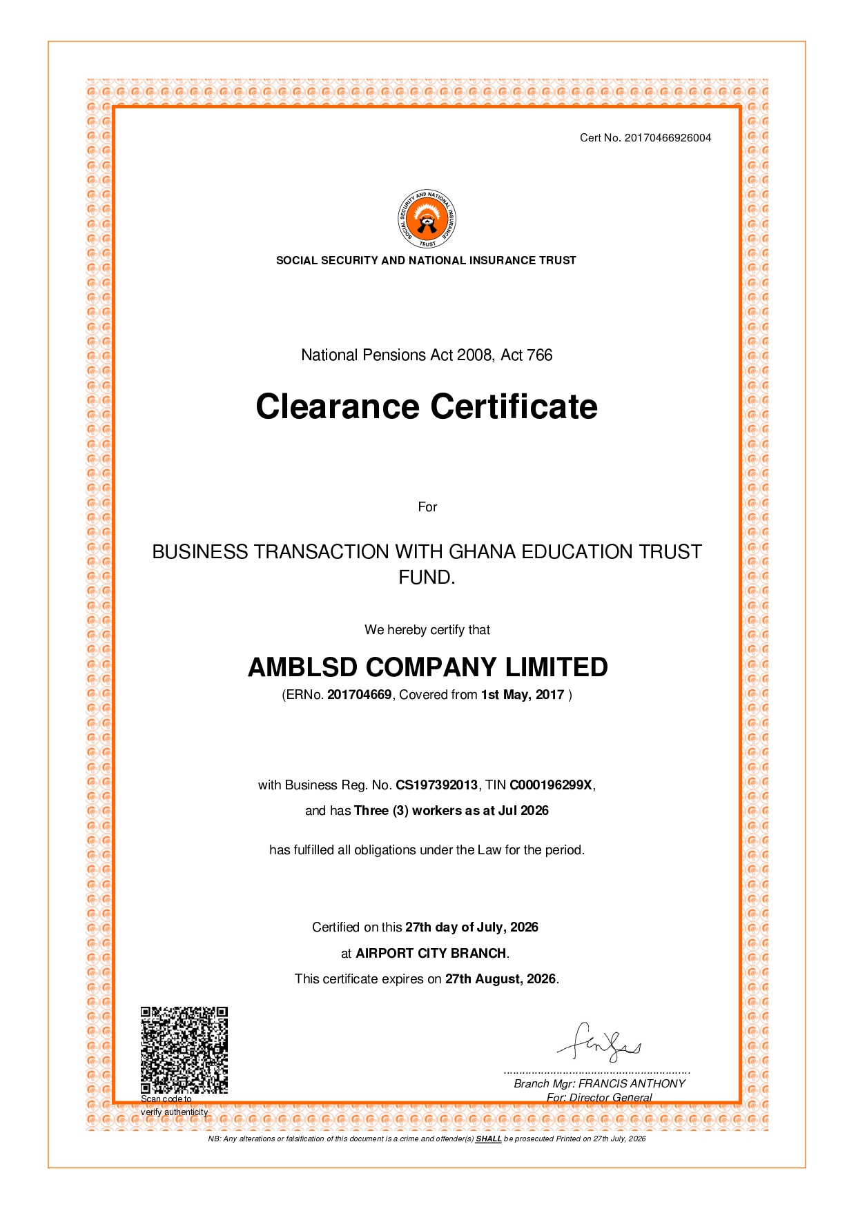 Company Registration Certificate
